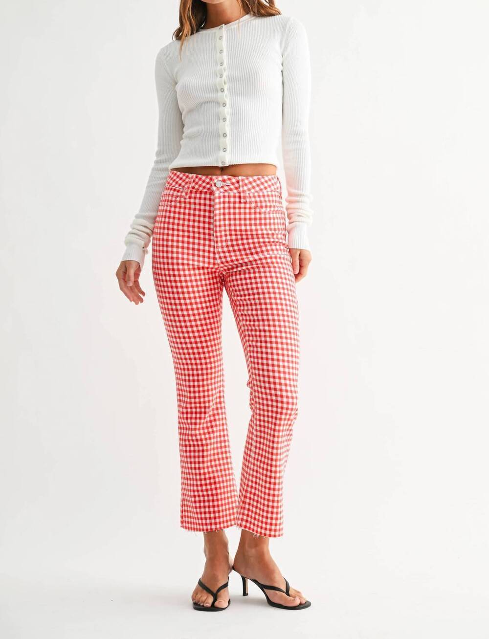 NEW JUST BLACK DENIM women's cropped demi flare jeans in red gingham